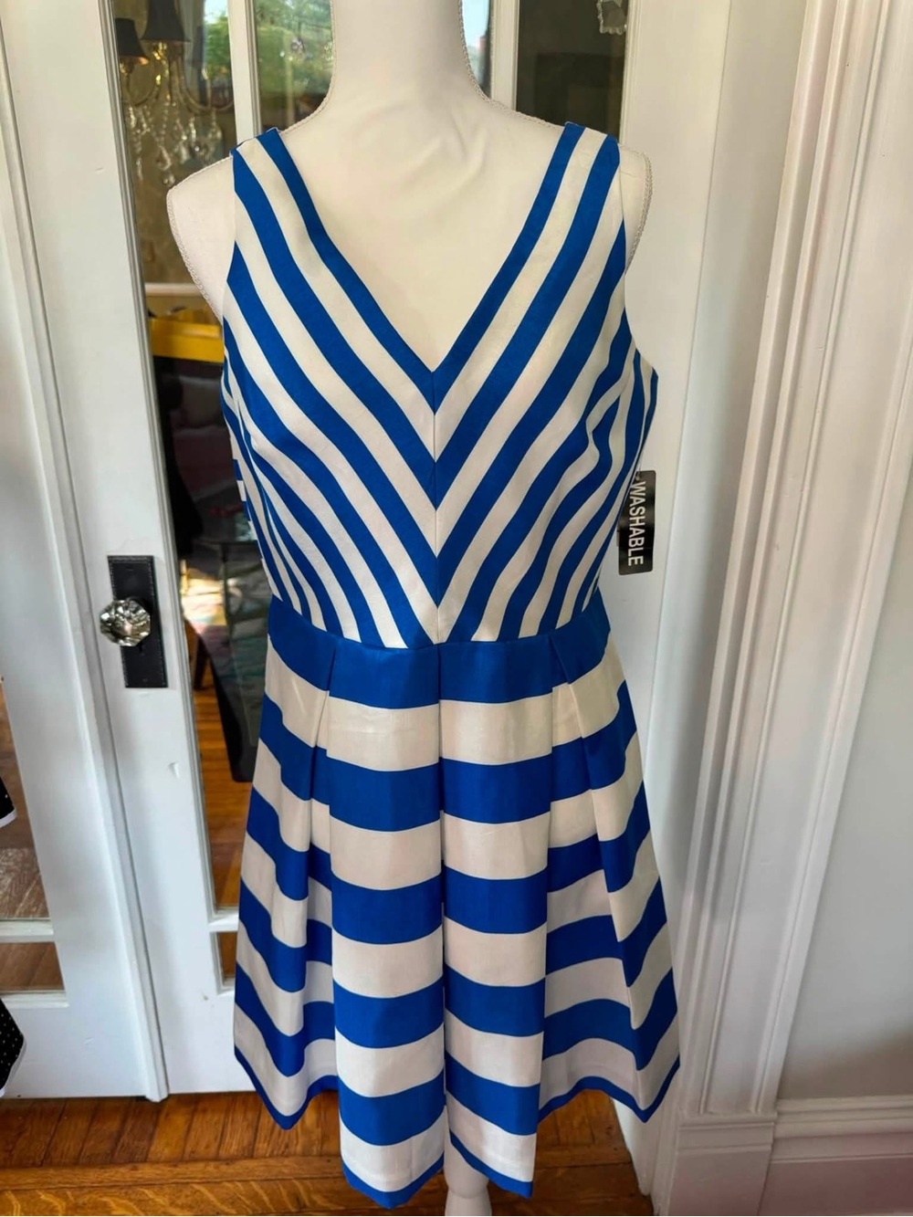 Kim Rogers Blue and White Striped V-Neck Fit & Flare Mini Dress